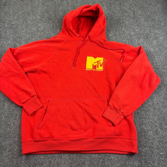 Tops - MTV Vintage Red Hooded Sweatshirt w/Yellow Logo 80s size: Large